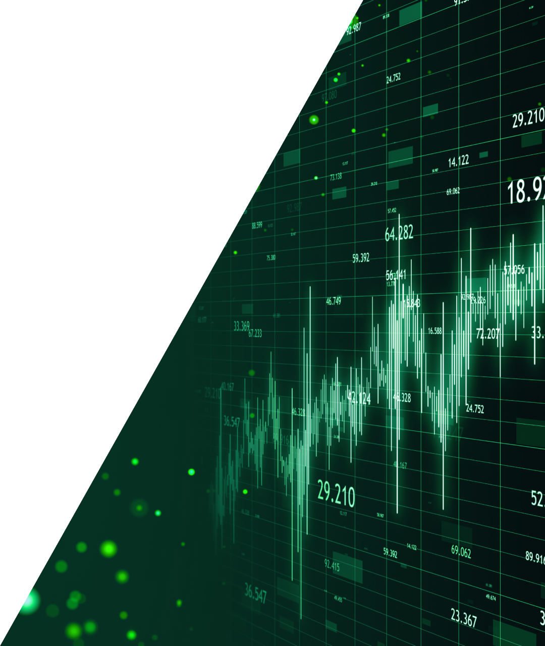 A glowing green digital candlestick chart showing upward market trends with floating data points and a bokeh background.
