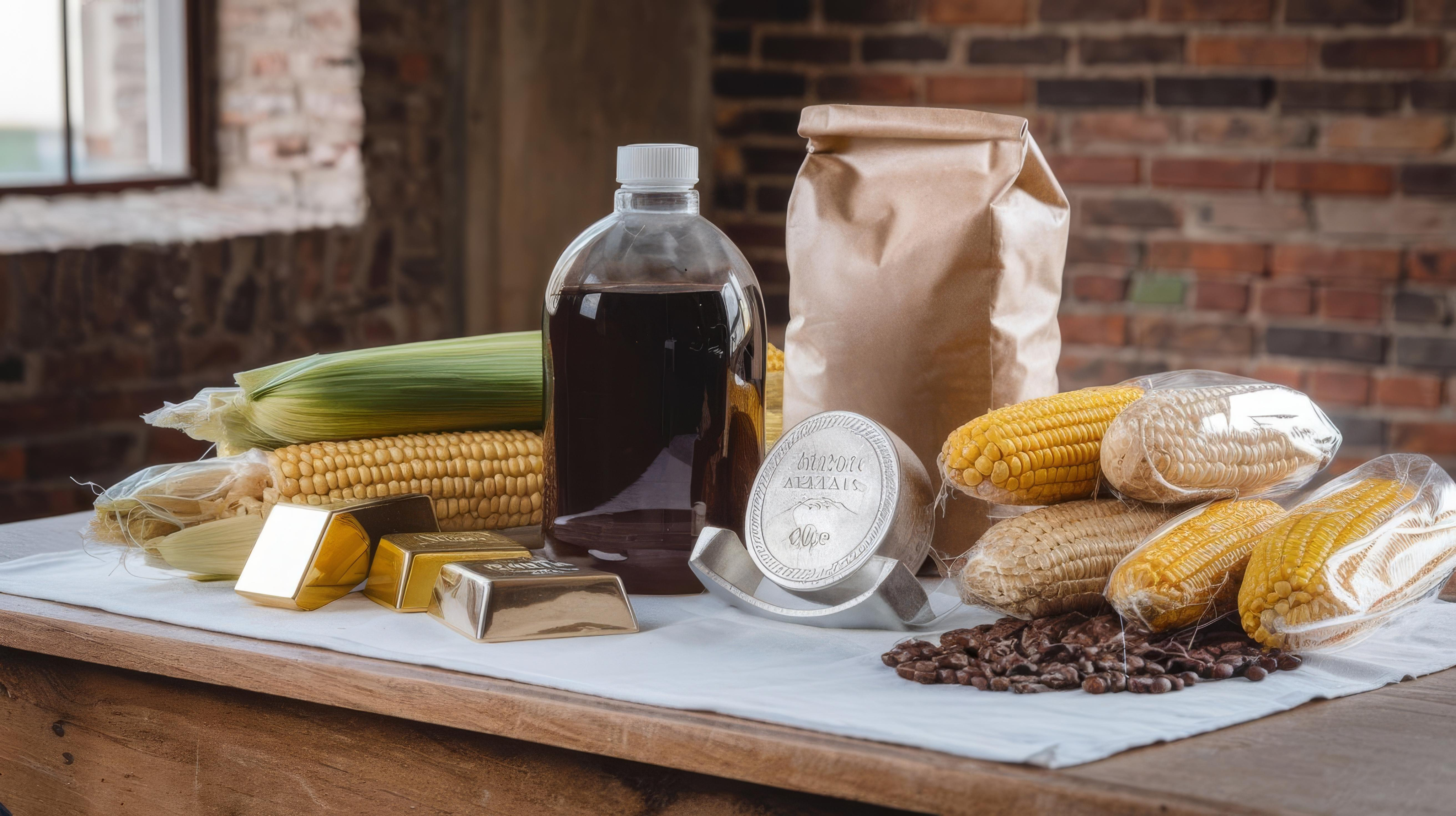 A collection of physical commodities on a white cloth, including gold bars, corn on the cob, a bottle of dark liquid, a brown paper bag, a silver coin, and a pile of coffee beans.