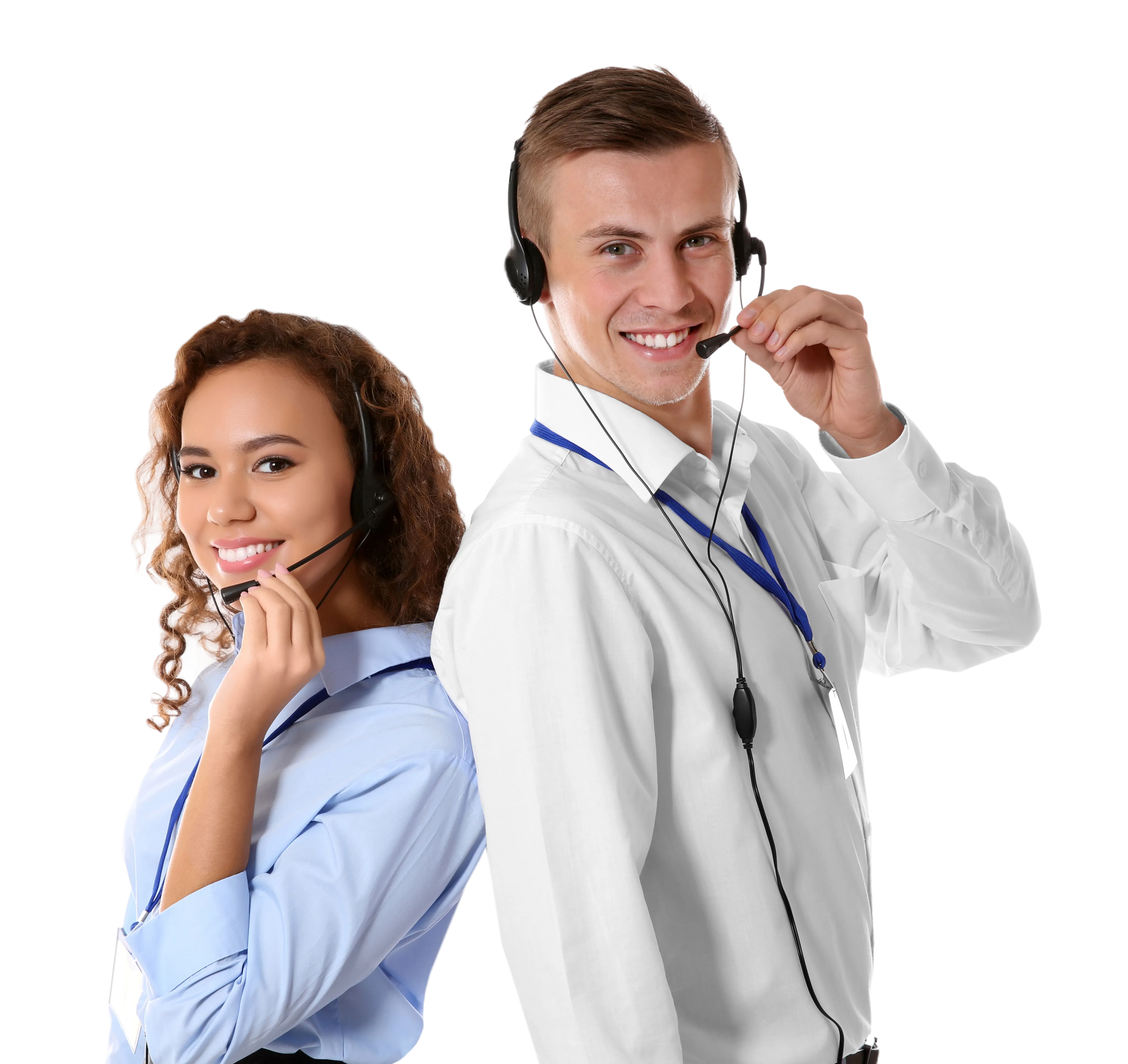 Two customer service representatives, a woman and a man, smiling and wearing headsets.