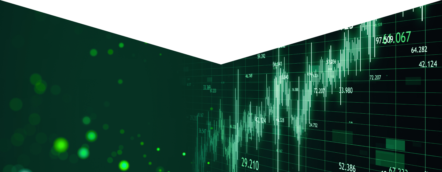 A glowing green digital candlestick chart showing upward market trends with floating data points and a bokeh background.